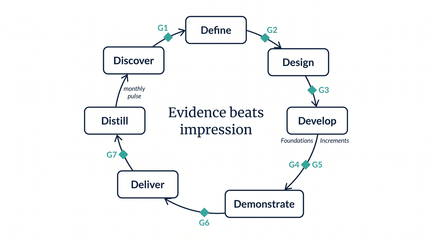 The seven phases in a circle with gate markers G1 to G7 on the arrows between them, and the words Evidence beats impression at the centre.