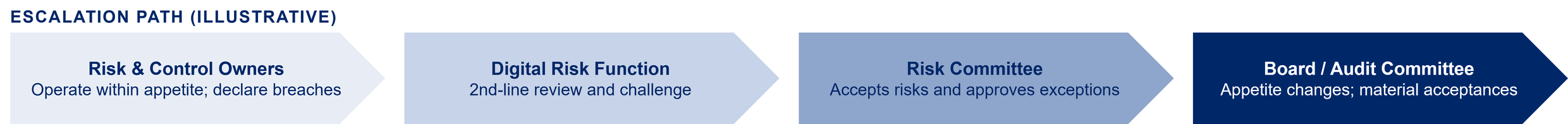Four escalation levels: risk and control owners, the digital risk function, the risk committee, then the board and audit committee.